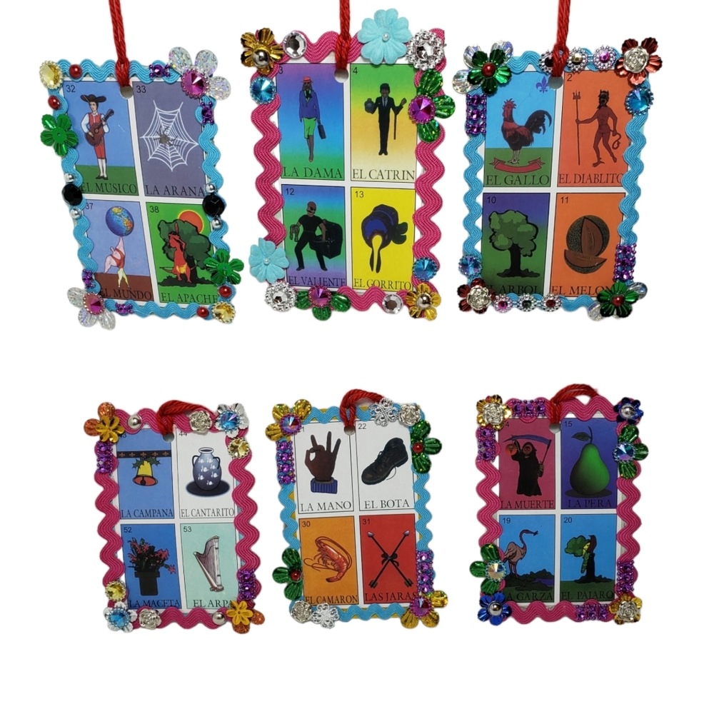 Handmade Loteria Hanging Ornament Adorno Mexicano Size 4.5" H Set of 6